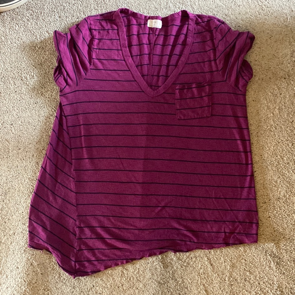 Anthro T.la Stripped Cuffed Sleeve V Neck Pocket Tee